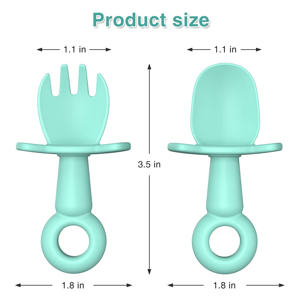 Toddler Utensils, Infant Spoon Fork Set for Self-Feeding, Baby Led Weaning Utensils, First Stage Weaning for 6 Months+, BPA Free Baby Silicone Training Feeding Set (Mint)