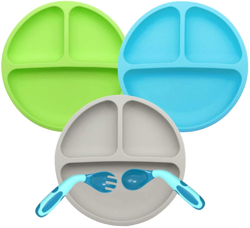 Manunclaims Separated Food Feeding Plate for Baby, Divided Plates, Baby Spoon Fork Plate Set for Toddler Baby Dishes Kids Plates and Utensils, Size