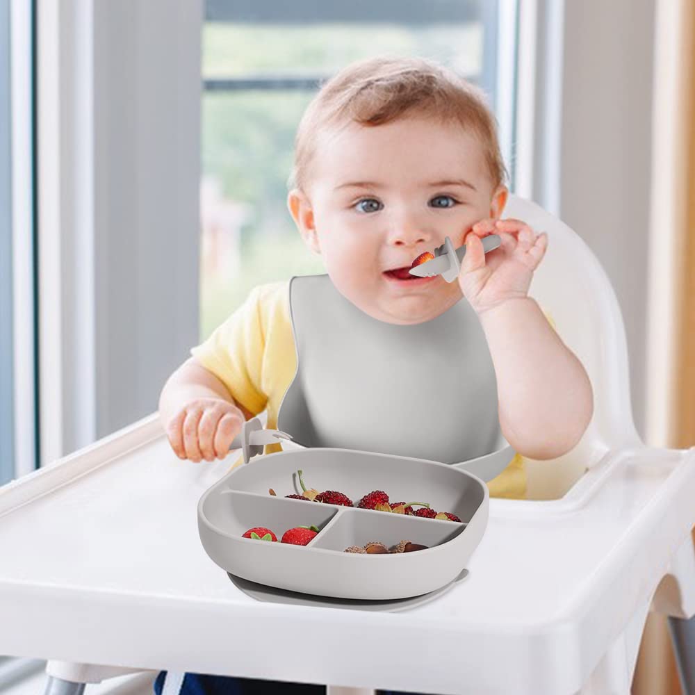 Wee me Suction Plate for Toddlers - 100% Food-Grade Baby Plates - Sunction Plates with Self Feeding Spoon Fork - BPA Free, Microwave & Dishwasher and Oven Safe (Grey)