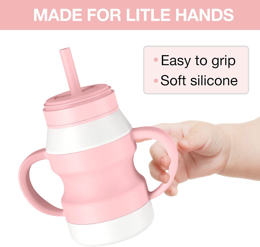Toddler Silicone Straw Cups, Spill Proof Sippy Cup with Handles 6 Oz for Baby 6+ Months, Helps Toddler Develop Independent Drinking Skills, 2 Pack (Dark green/Pink)
