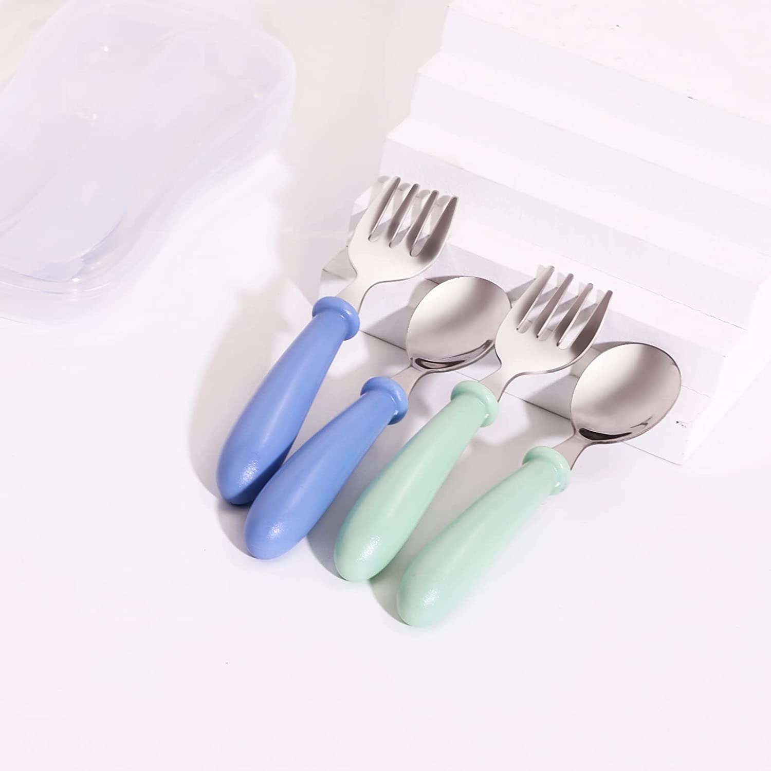 2Pcs Toddler Utensils Stainless Steel Baby Forks and Spoons Kids Silverware  Set Children's Safe Flatware Metal Baby Cutlery Set with Round Handle  (blue) 