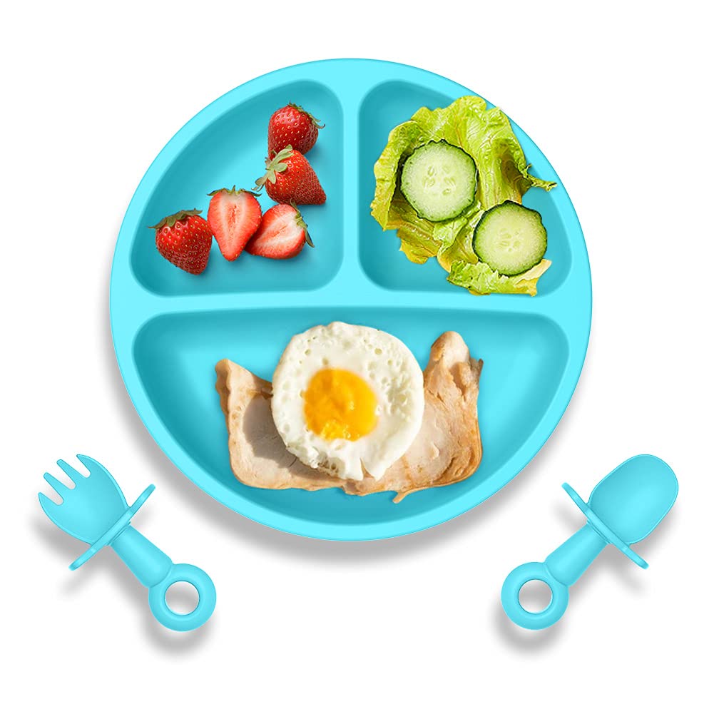 Manunclaims Separated Food Feeding Plate for Baby, Divided Plates, Baby Spoon Fork Plate Set for Toddler Baby Dishes Kids Plates and Utensils, Size