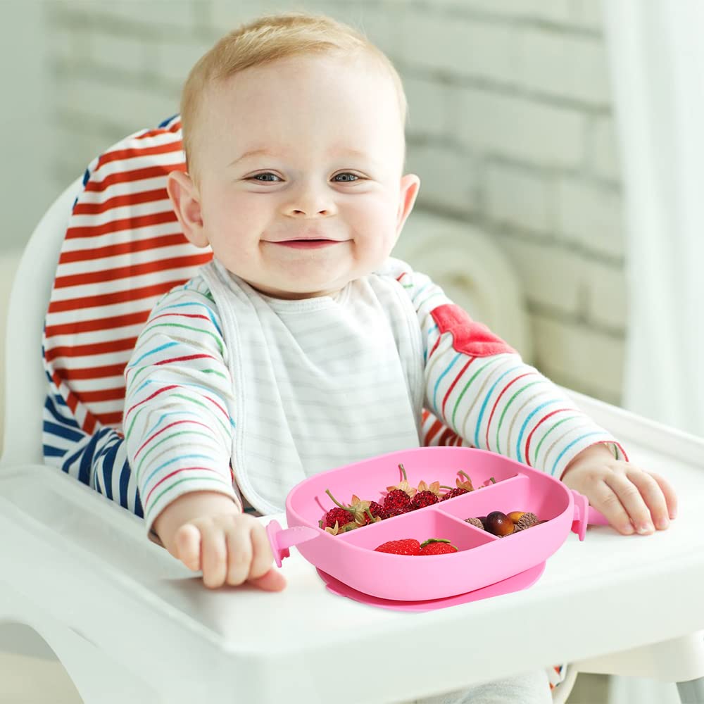 Wee me Suction Plate for Toddlers - 100% Food-Grade Baby Plates - Sunction Plates with Self Feeding Spoon Fork - BPA Free, Microwave & Dishwasher and Oven Safe (Grey)