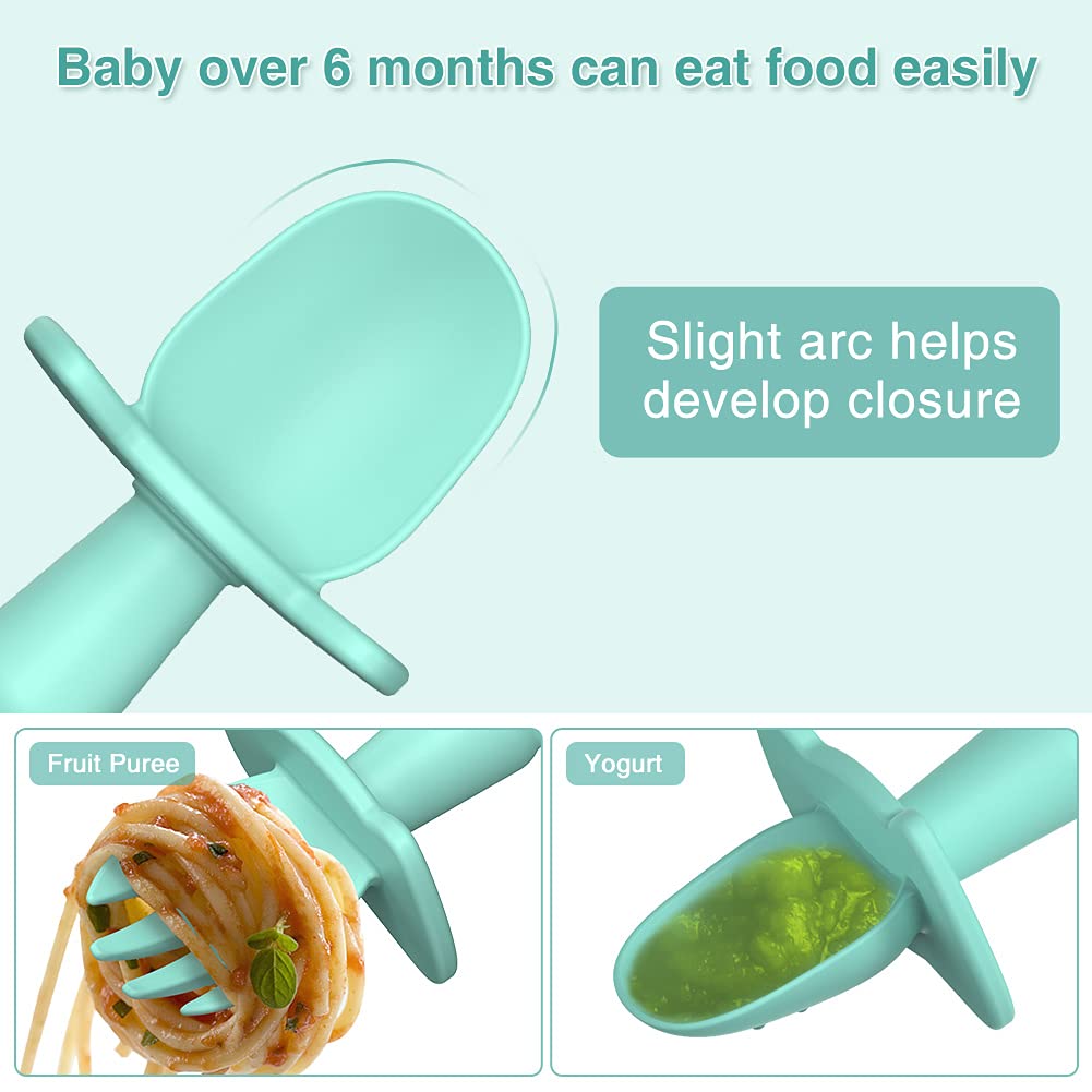 Toddler Utensils, Infant Spoon Fork Set for Self-Feeding, Baby Led Weaning Utensils, First Stage Weaning for 6 Months+, BPA Free Baby Silicone Training Feeding Set (Mint)